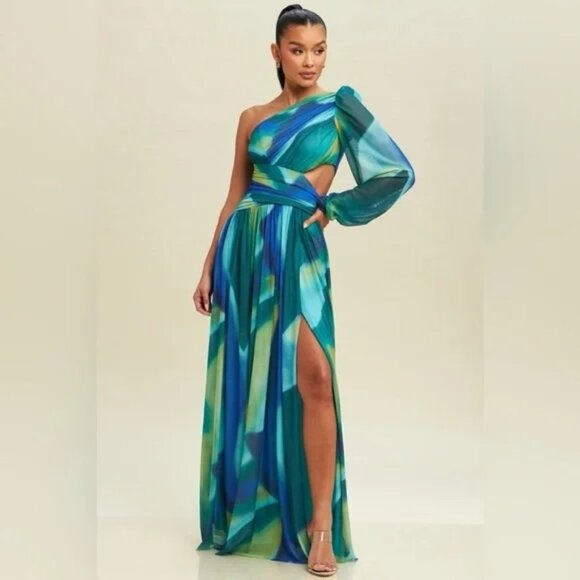 Malibu Mesh One Sleeve Maxi Dress in Blue Multi, Size M